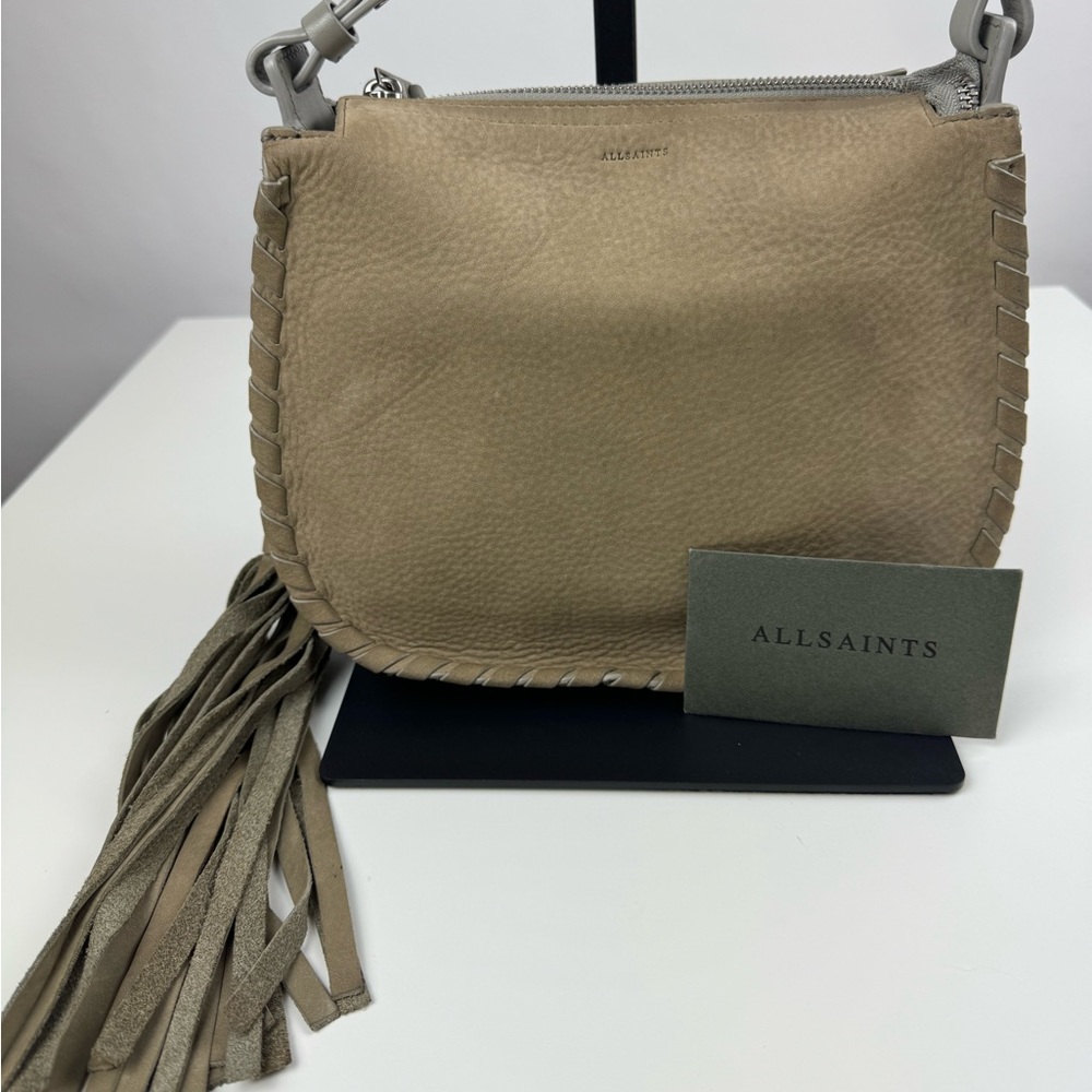 ALLSAINTS MORI GRAY/TAUPE LEATHER FRINGE‎ HOBO CROSSBODY BAG